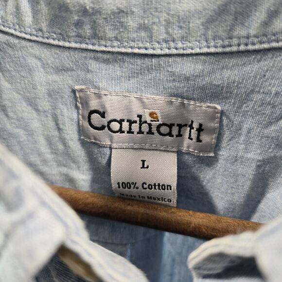 Carhartt Shirt Men Large Short Sleeve Button Up Denim Chambray Jean Collared - Picture 3 of 15